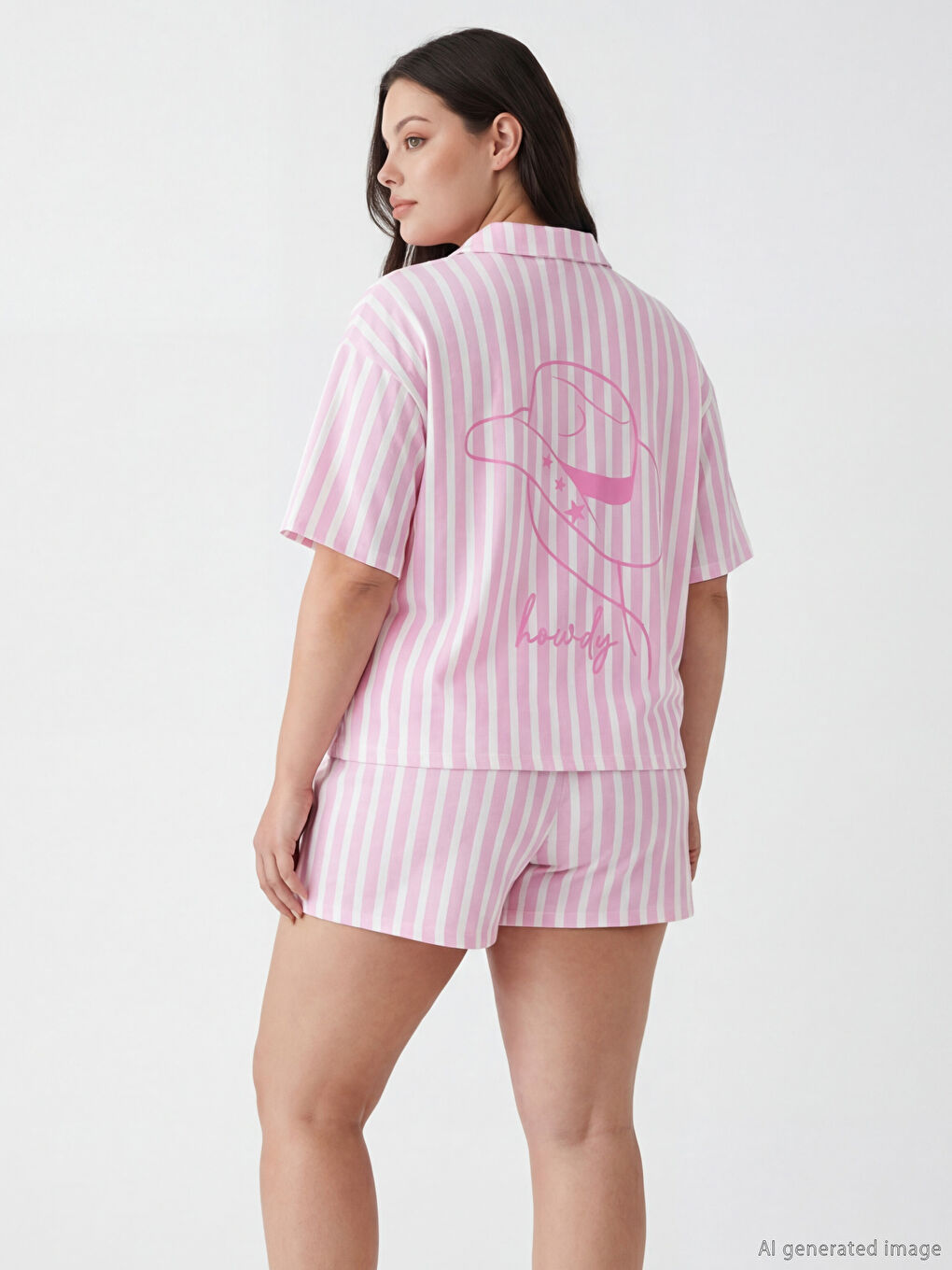 Pembe Gömlek Yaka Çizgili Kadın Şortlu Pijama Takımı-2