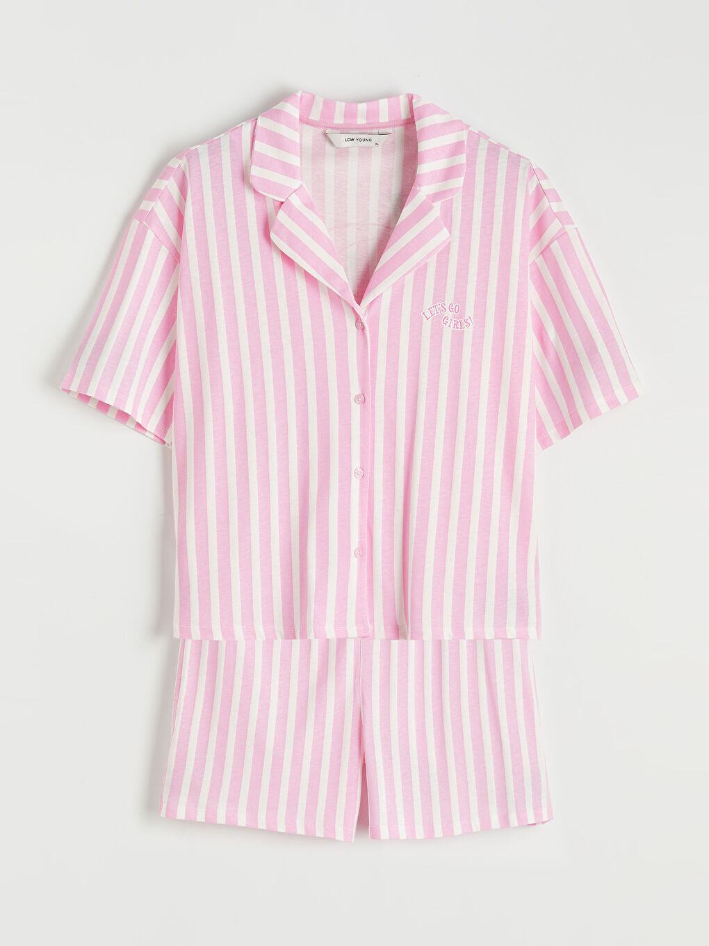 Pembe Gömlek Yaka Çizgili Kadın Şortlu Pijama Takımı