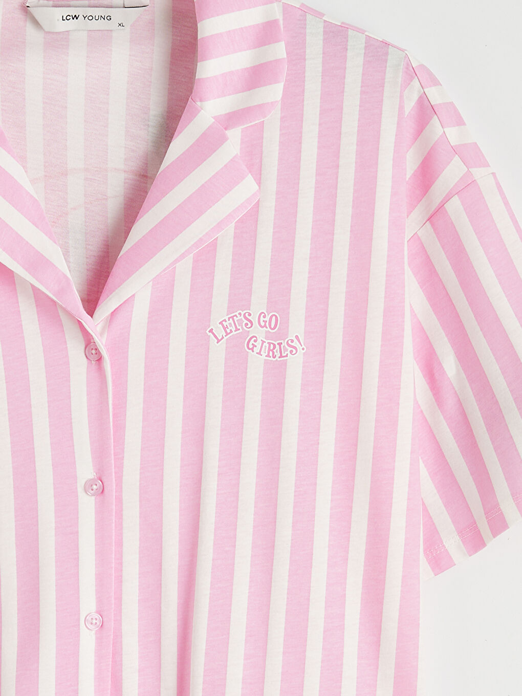 Pembe Gömlek Yaka Çizgili Kadın Şortlu Pijama Takımı-4