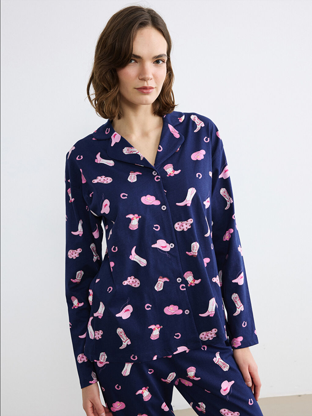 Lacivert Gömlek Yaka Baskılı Kadın Pijama Takım-1