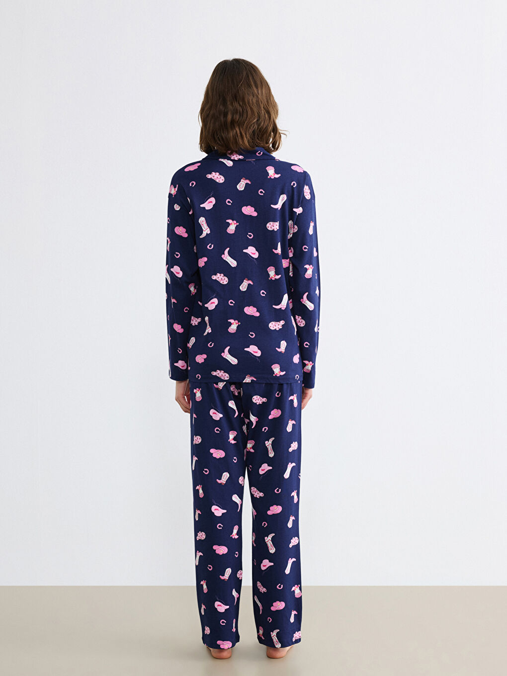 Lacivert Gömlek Yaka Baskılı Kadın Pijama Takım-3