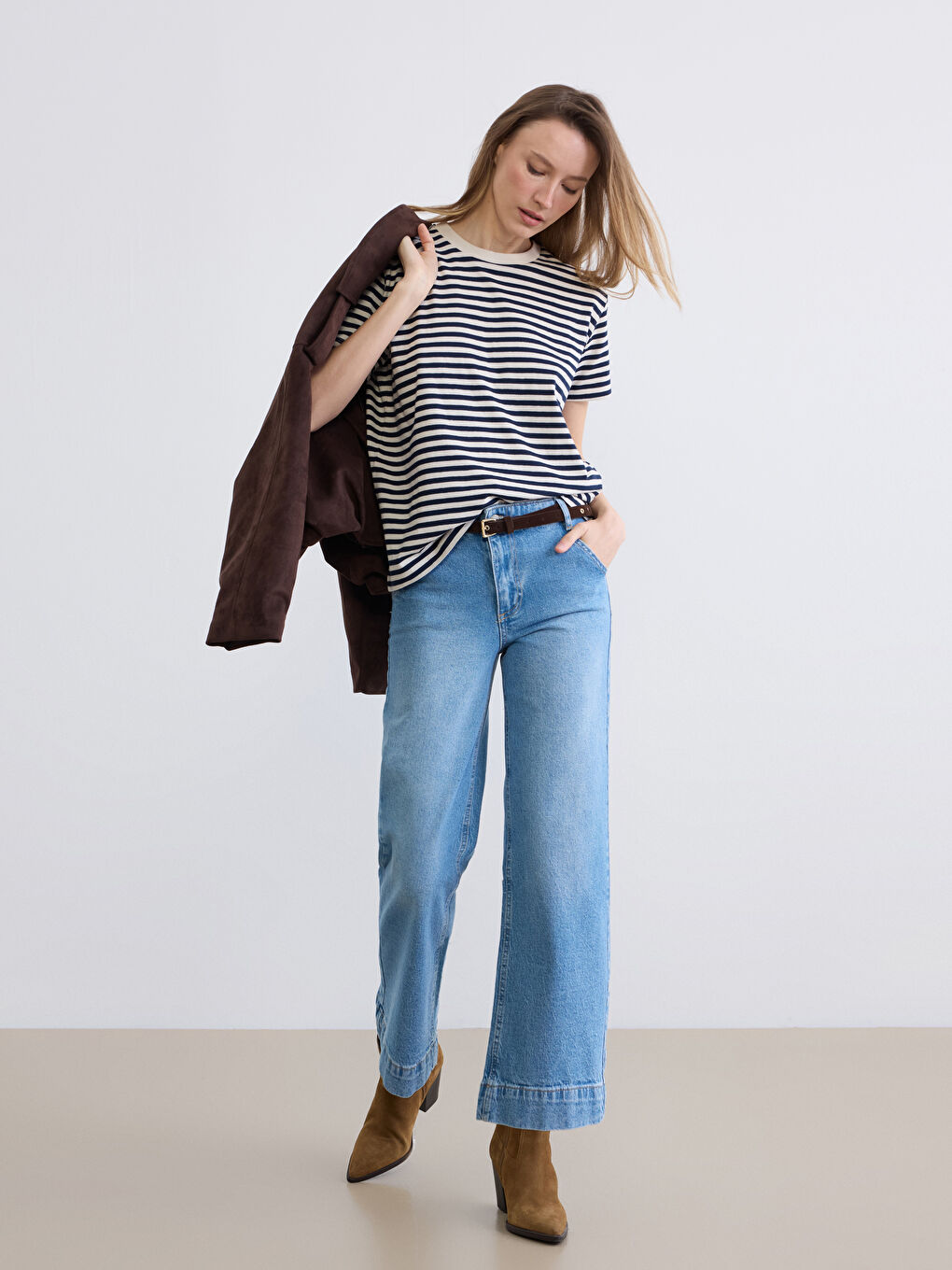 İndigo Yüksek Bel Wideleg Kadın Jean Pantolon-1