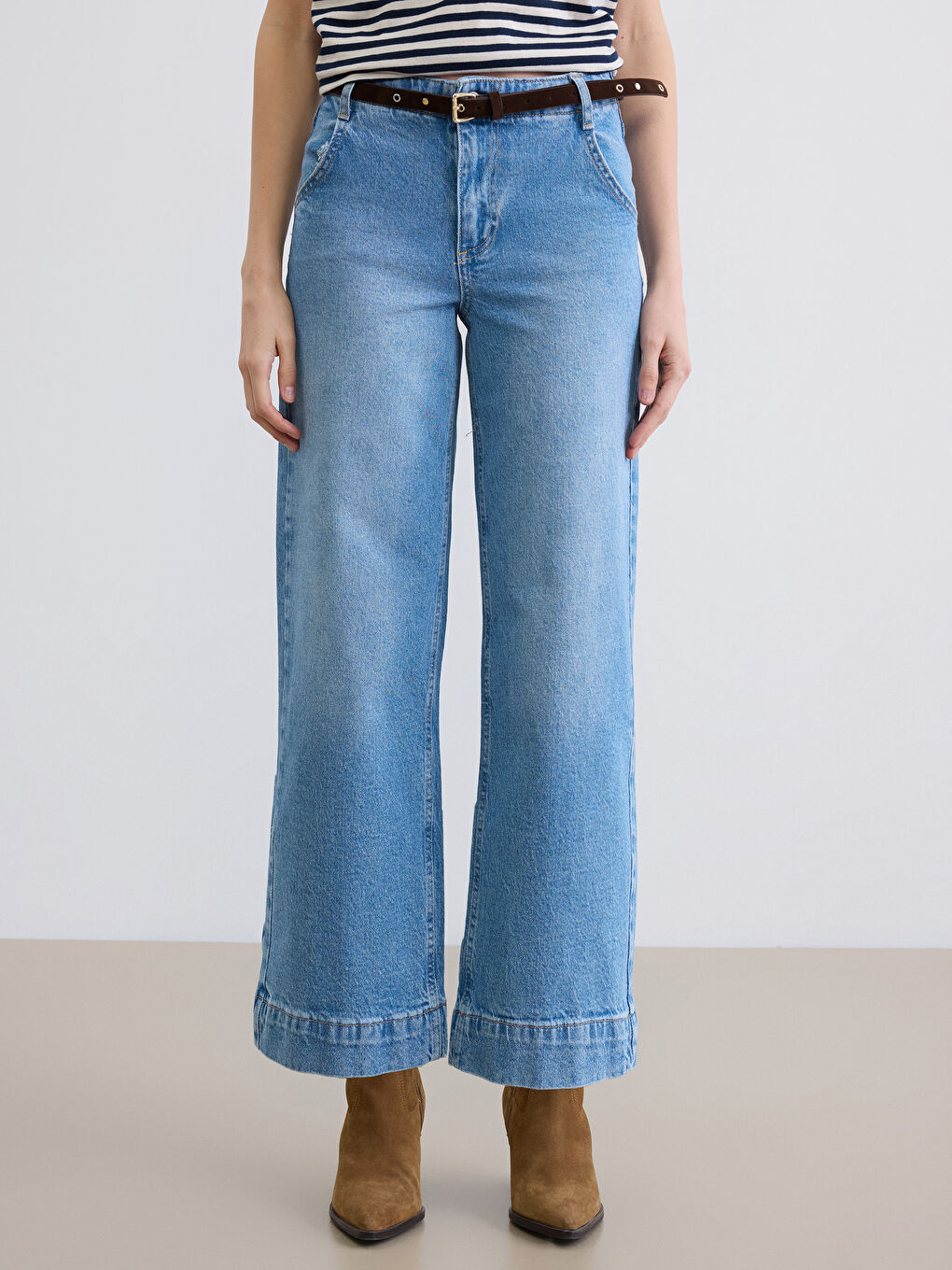 İndigo Yüksek Bel Wideleg Kadın Jean Pantolon-2