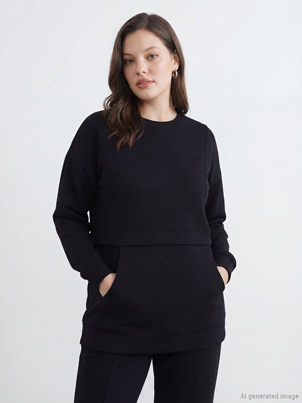 Siyah Soft Touch Kadın Sweatshirt Tunik	-1