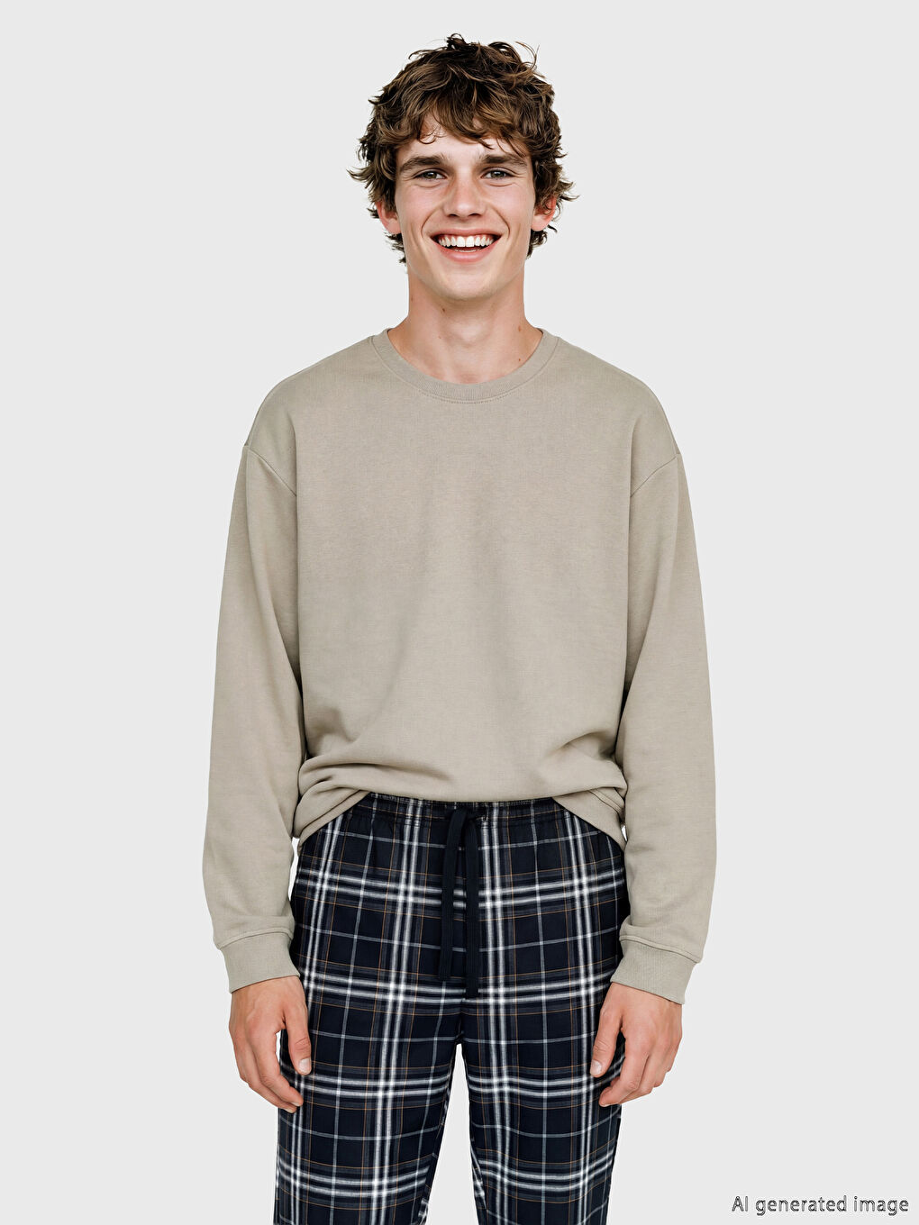 Kahverengi Bisiklet Yaka Erkek Pijama Üst