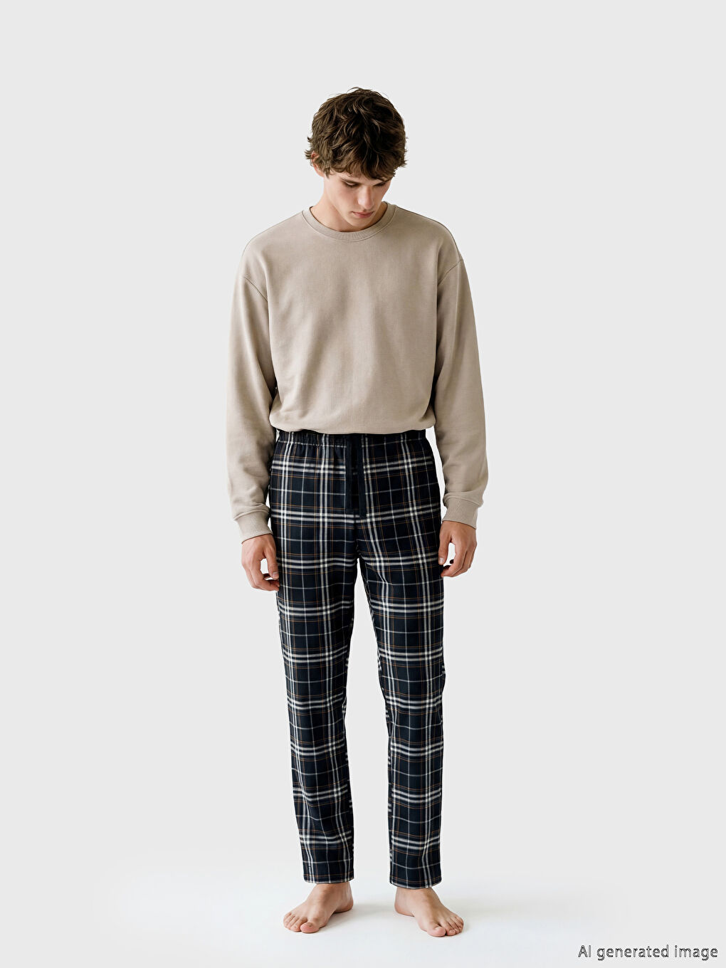 Kahverengi Bisiklet Yaka Erkek Pijama Üst-1