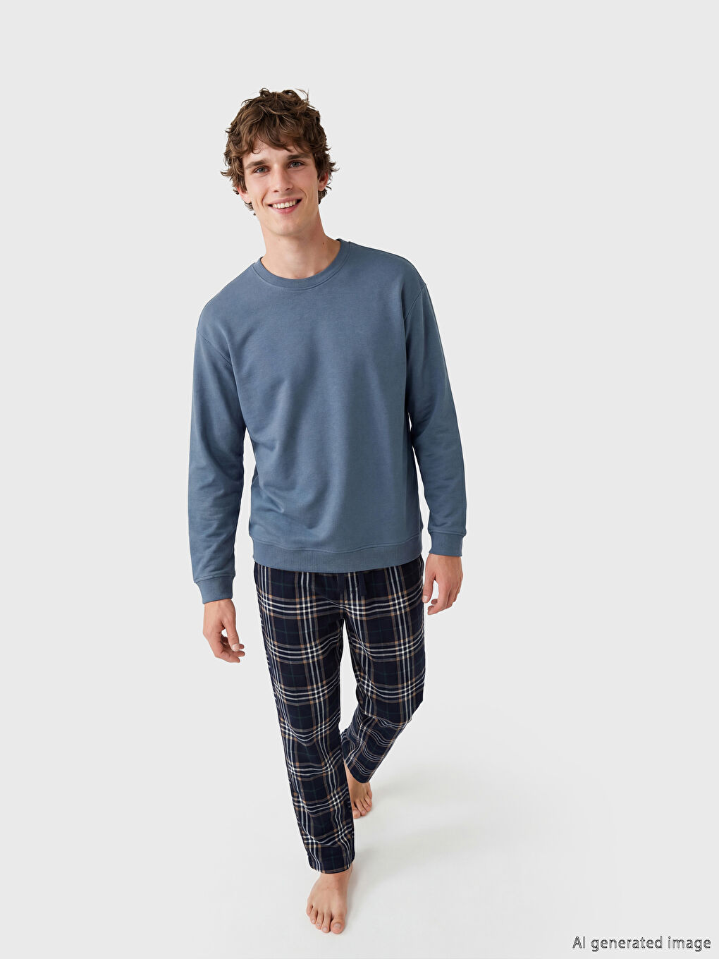 İndigo Bisiklet Yaka Erkek Pijama Üst-1