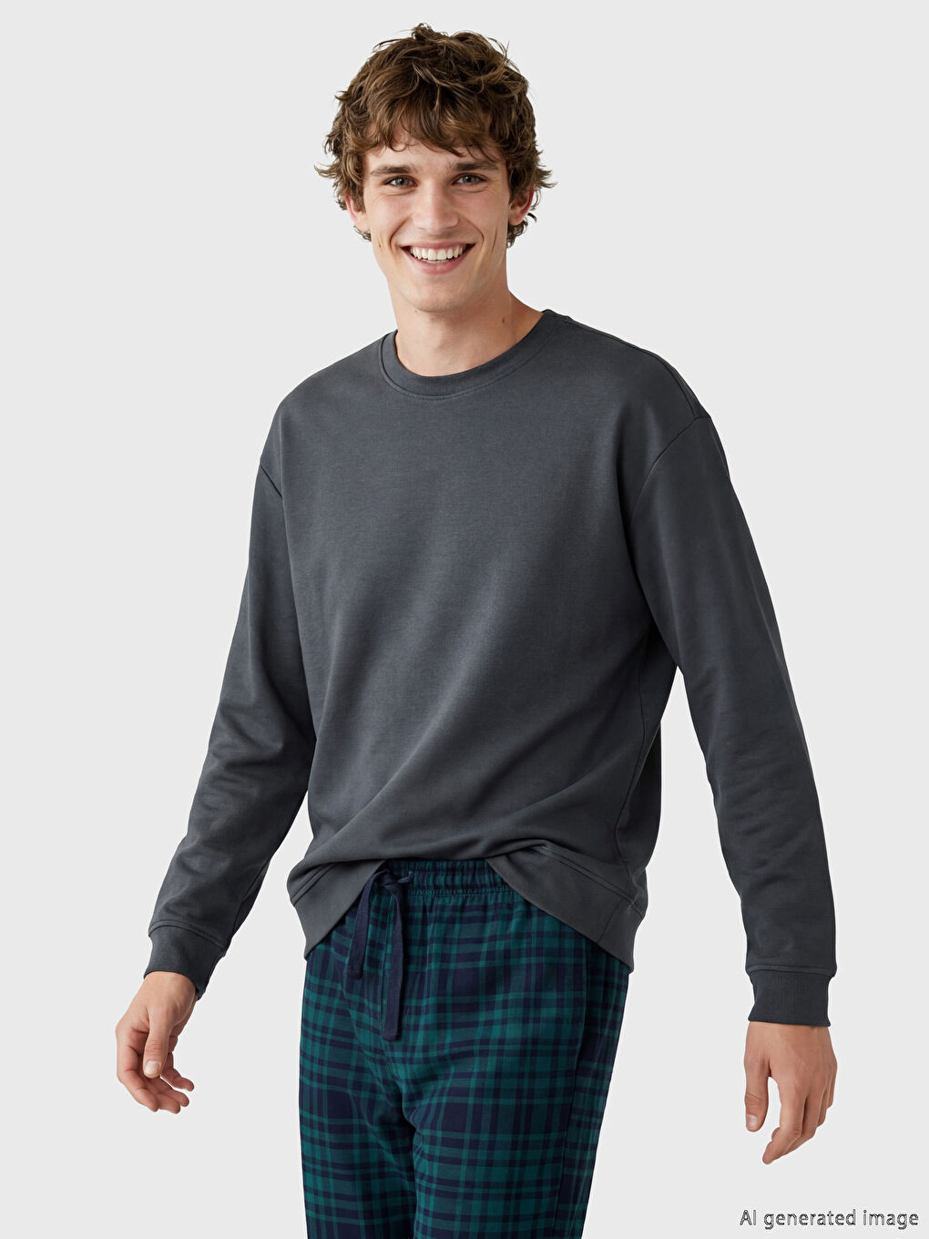 Gri Bisiklet Yaka Erkek Pijama Üst