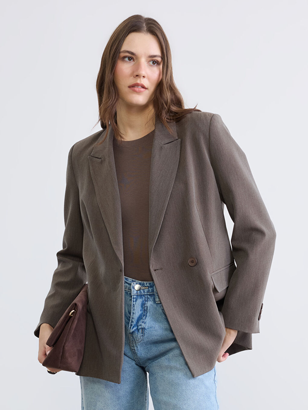 Kahverengi Kruvaze Yaka Kadın Blazer Ceket
