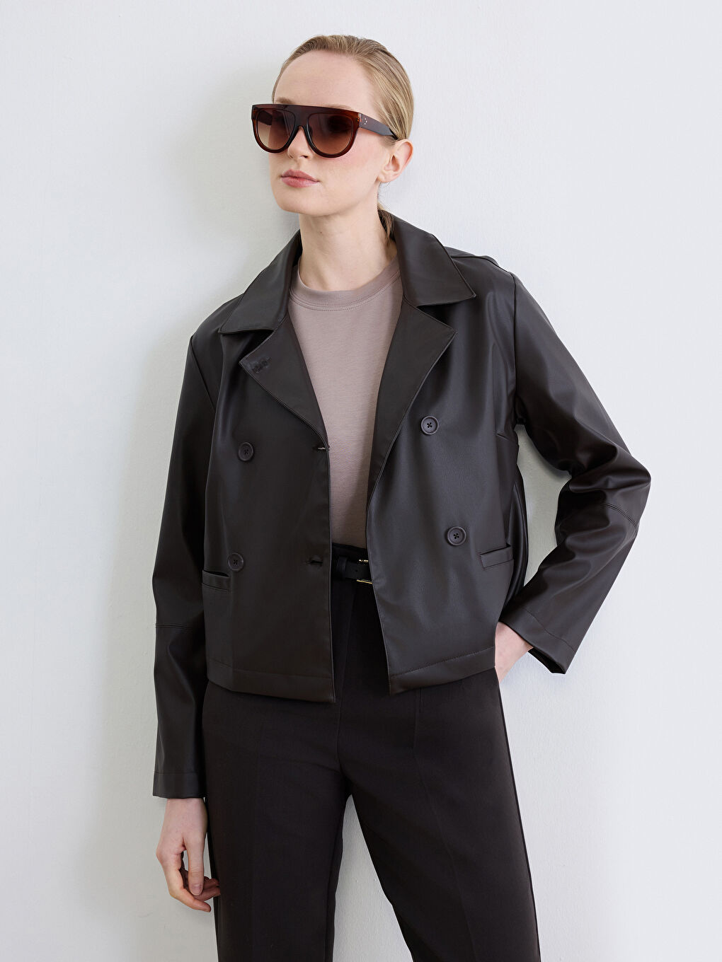 Women's Faux Leather Double-Breasted Jacket