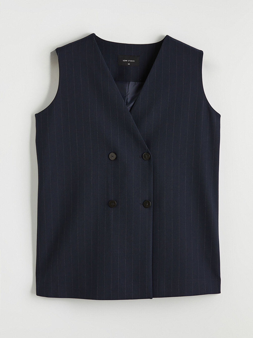 Lacivert Kruvaze Yaka Çizgili Kadın Klasik Yelek