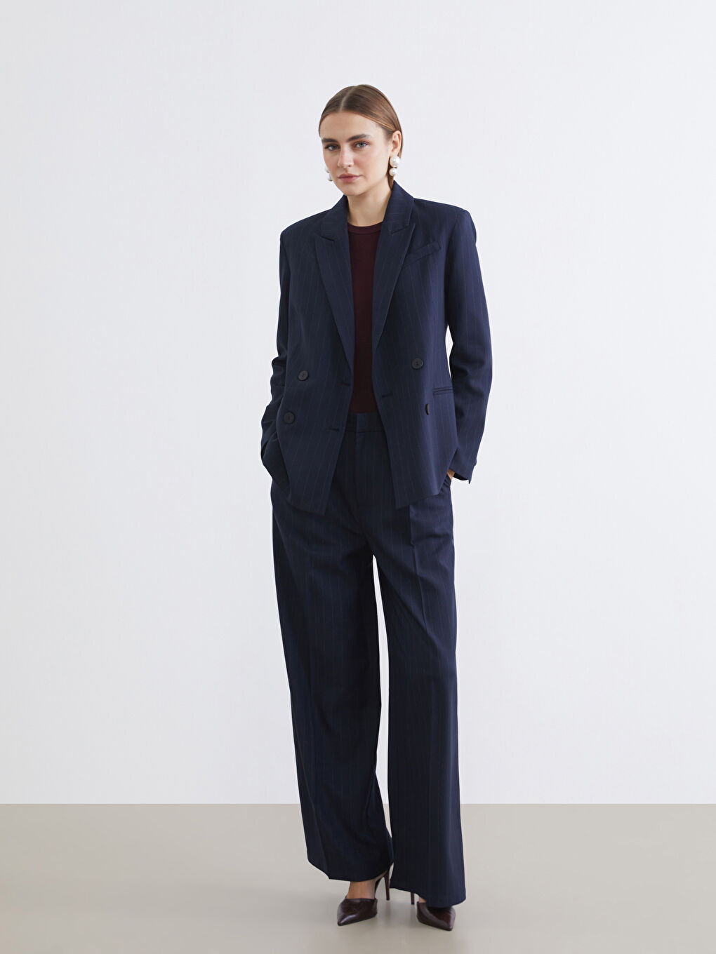 Lacivert Kruvaze Yaka Çizgili Kadın Blazer Ceket-1