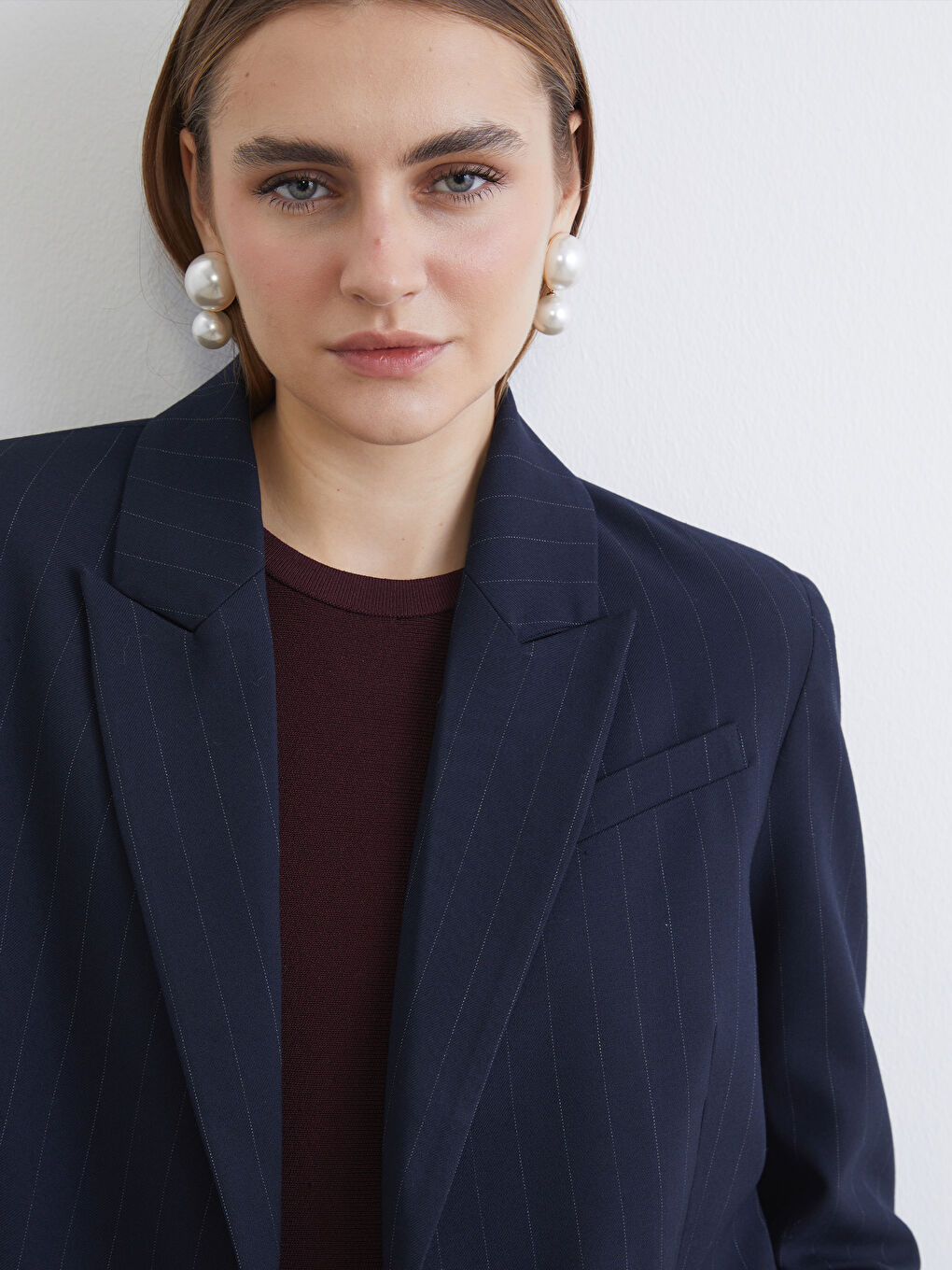 Lacivert Kruvaze Yaka Çizgili Kadın Blazer Ceket-2