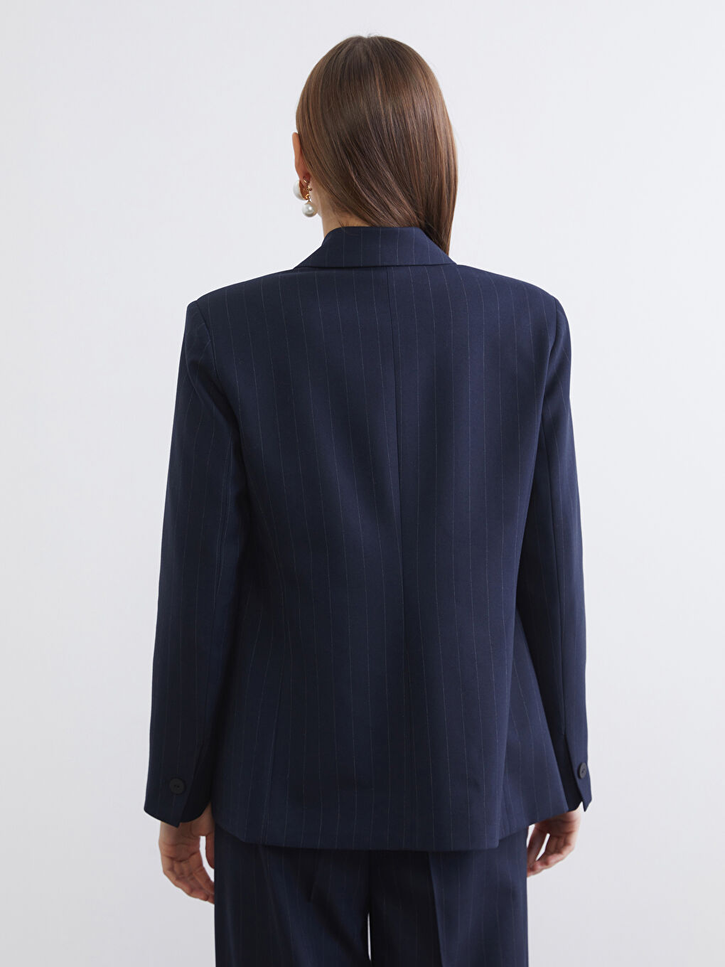 Lacivert Kruvaze Yaka Çizgili Kadın Blazer Ceket-4