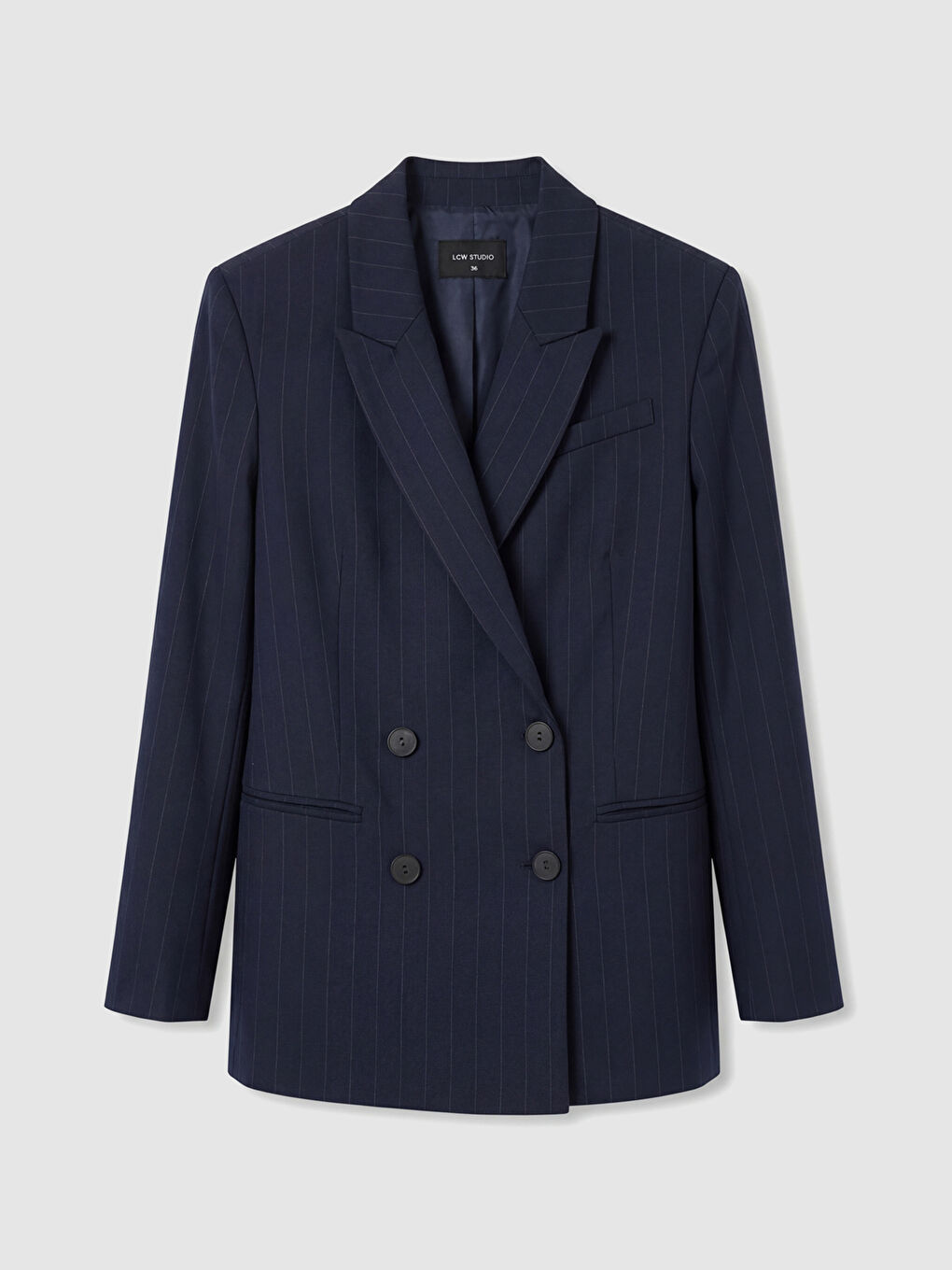 Lacivert Kruvaze Yaka Çizgili Kadın Blazer Ceket-5