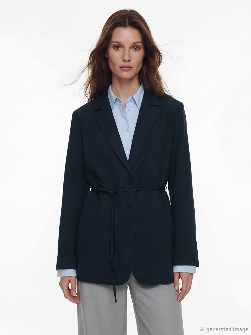 Lacivert Kuşaklı Yaka Kadın Blazer Ceket