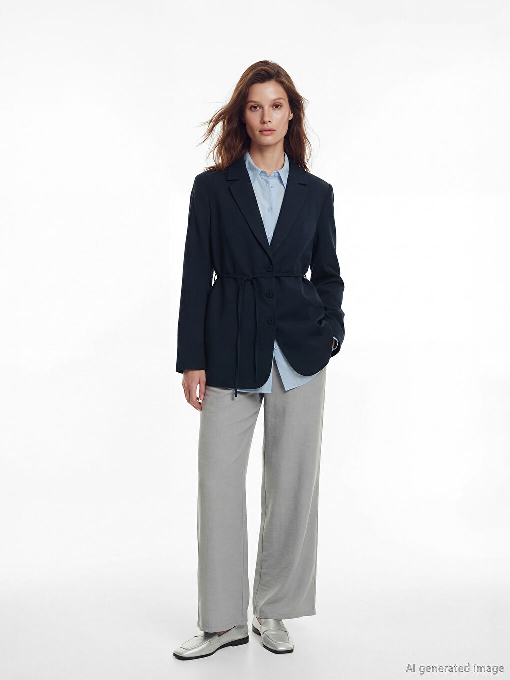 Lacivert Kuşaklı Yaka Kadın Blazer Ceket-1