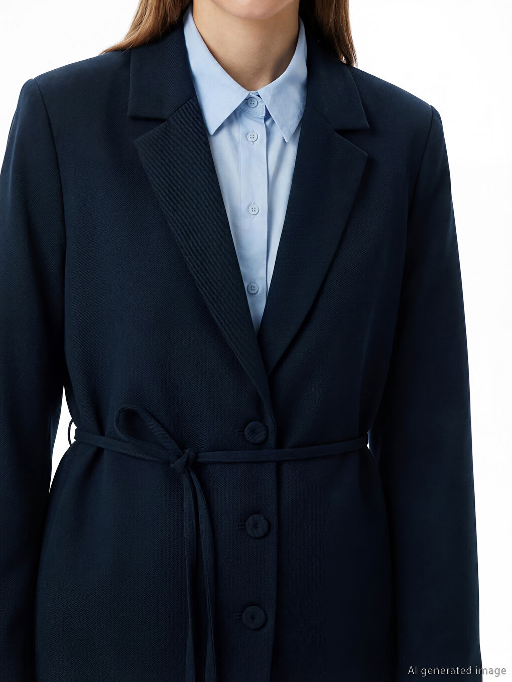 Lacivert Kuşaklı Yaka Kadın Blazer Ceket-2