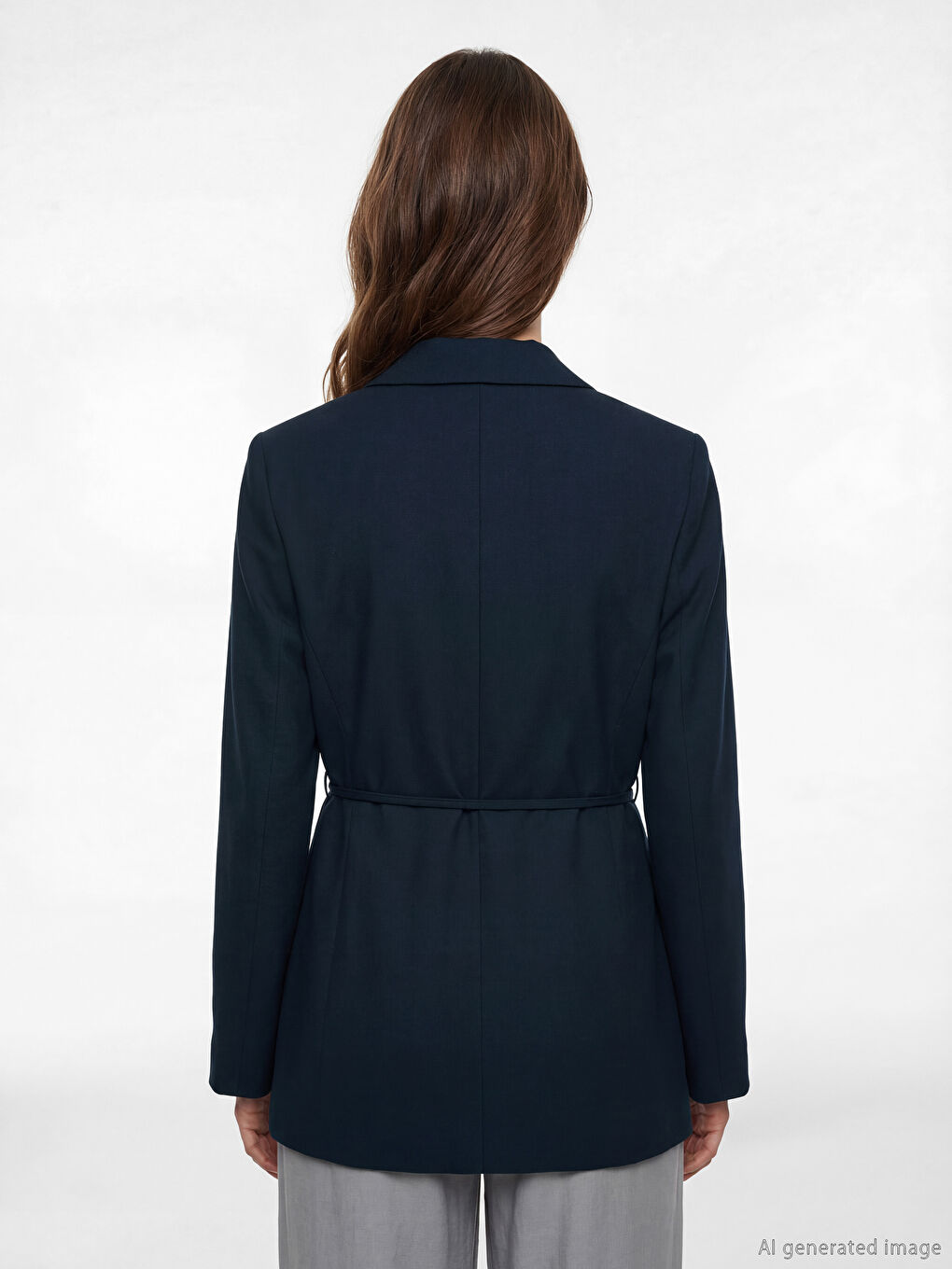 Lacivert Kuşaklı Yaka Kadın Blazer Ceket-3