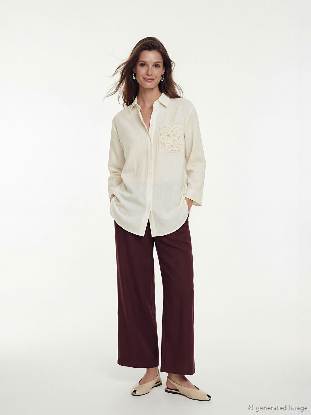 Ekru Keten Karışımlı Kadın Gömlek Tunik-1