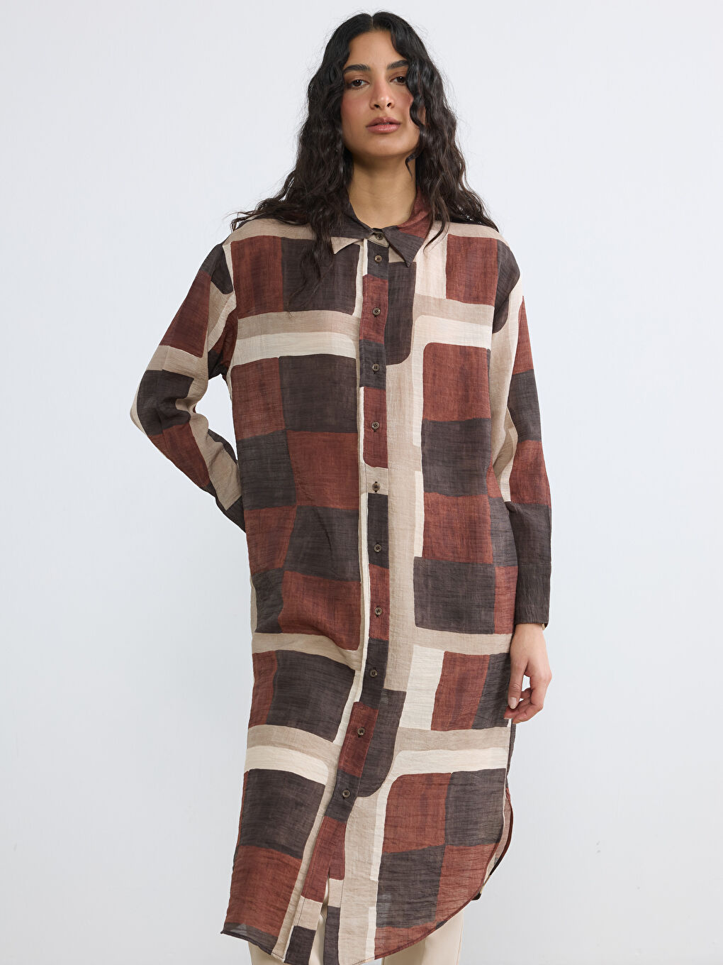 Kahverengi Desenli Kadın Gömlek Tunik-1