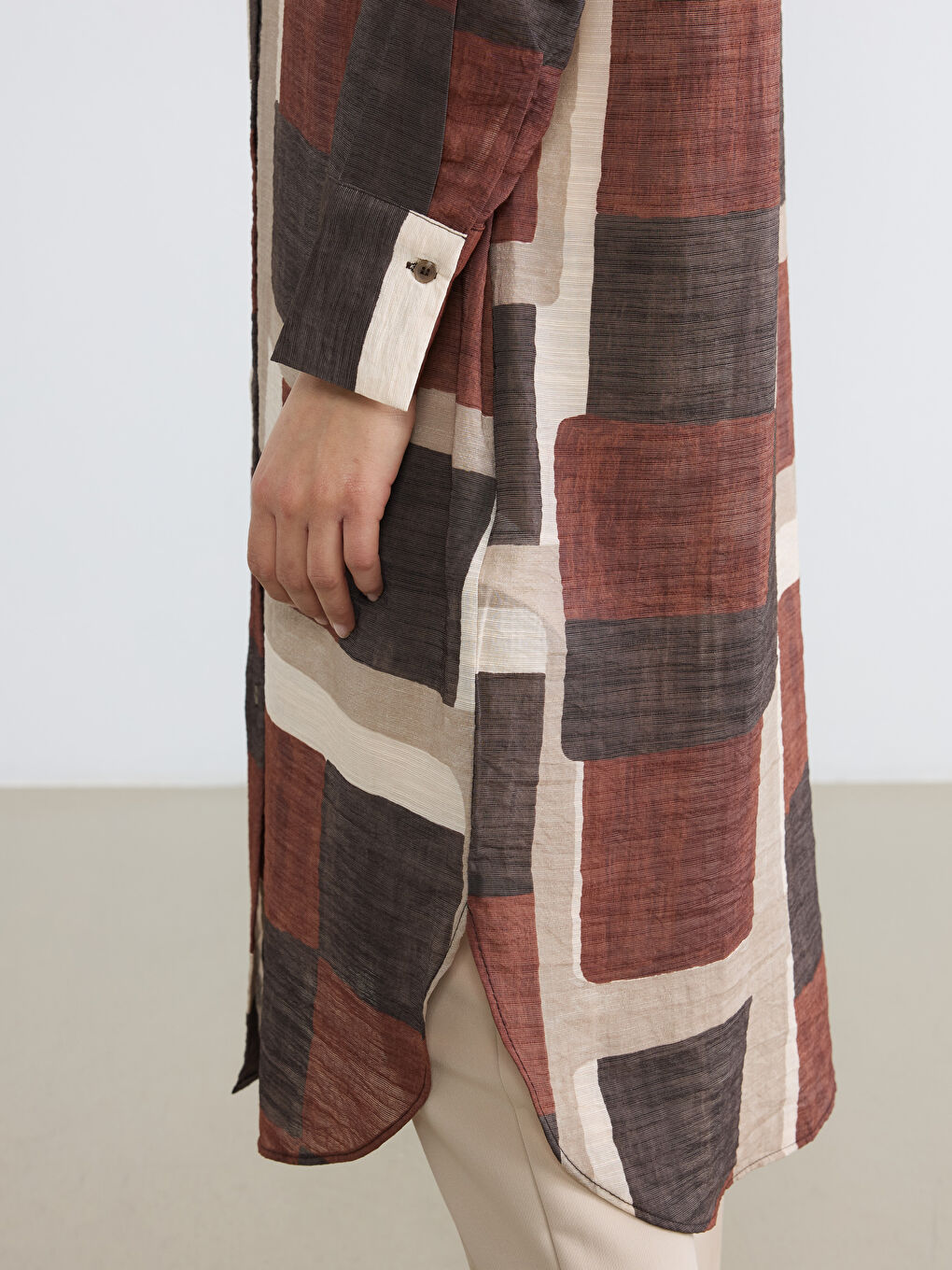 Kahverengi Desenli Kadın Gömlek Tunik-2