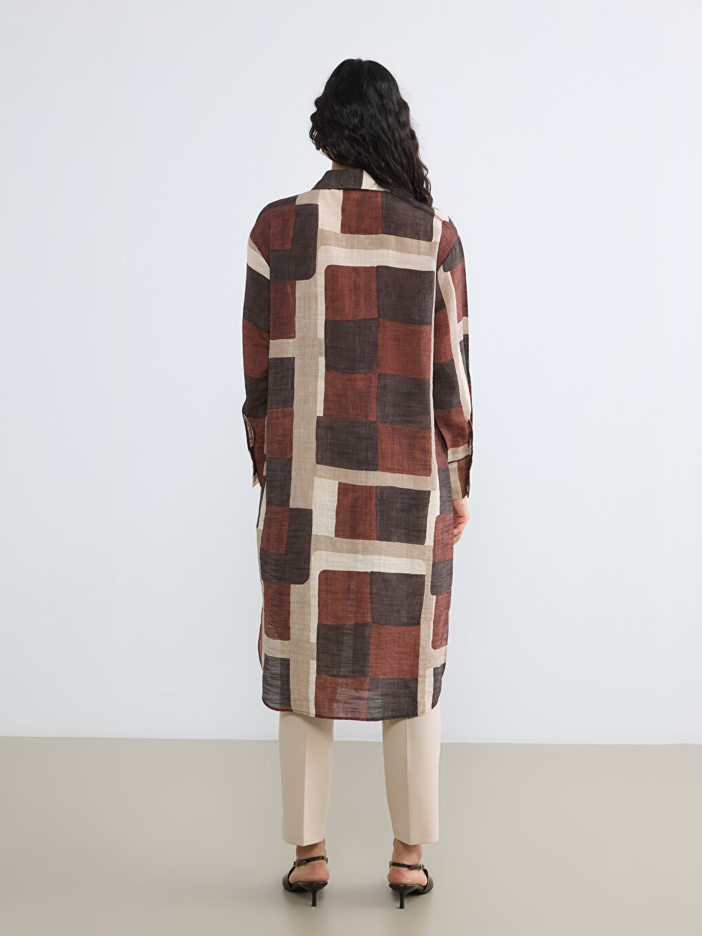 Kahverengi Desenli Kadın Gömlek Tunik-3