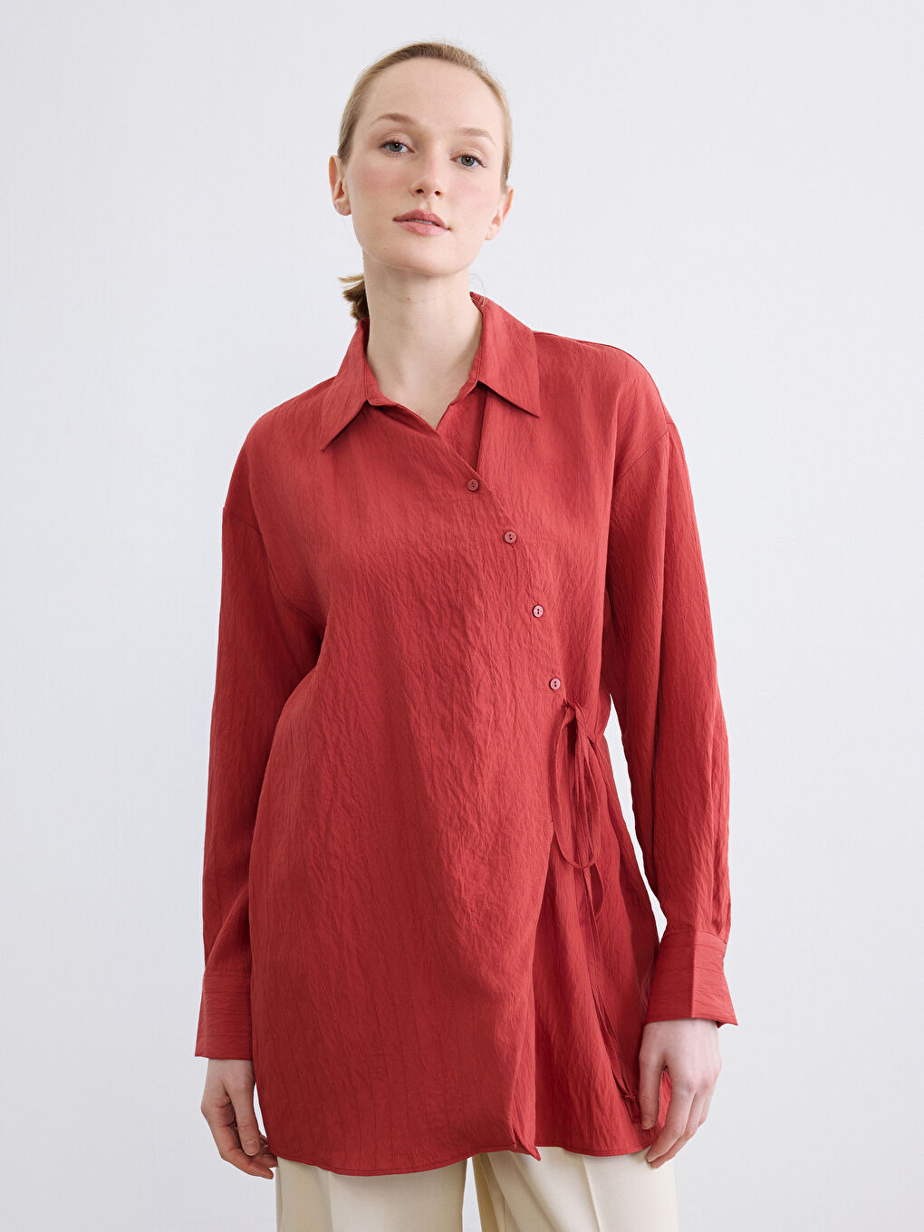 Women's Shirt Tunic with Tie Detail and Dobby Fabric-1