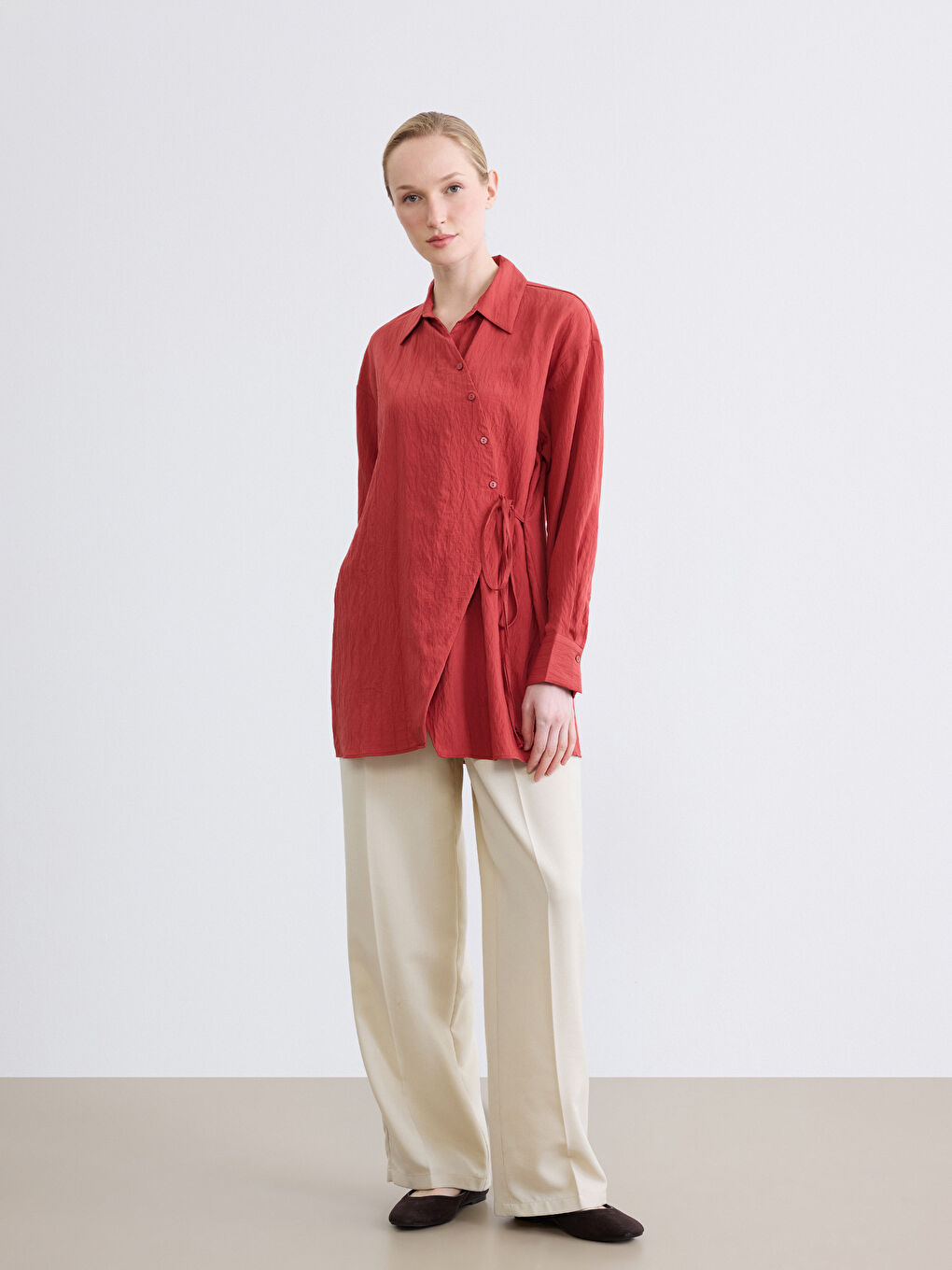 Women's Shirt Tunic with Tie Detail and Dobby Fabric-2