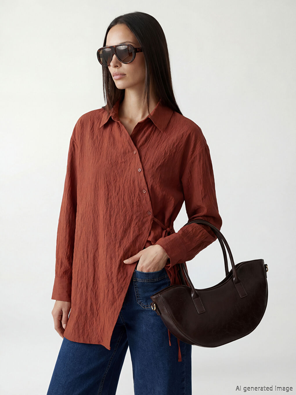 Women's Shirt Tunic with Tie Detail and Dobby Fabric