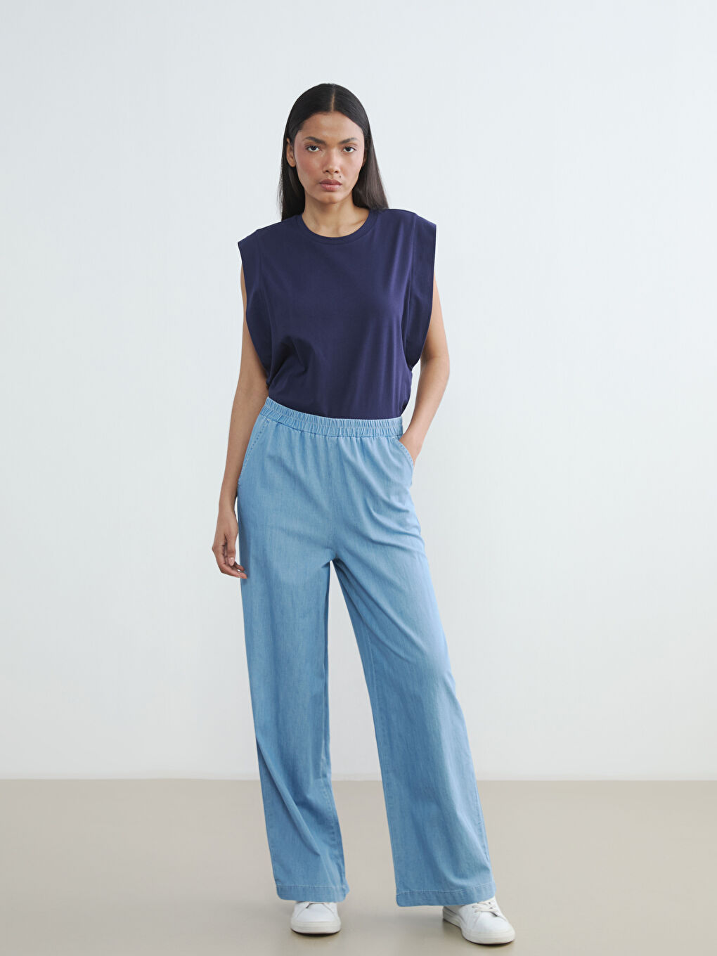 İndigo Beli Lastikli Wideleg Kadın Jean Pantolon