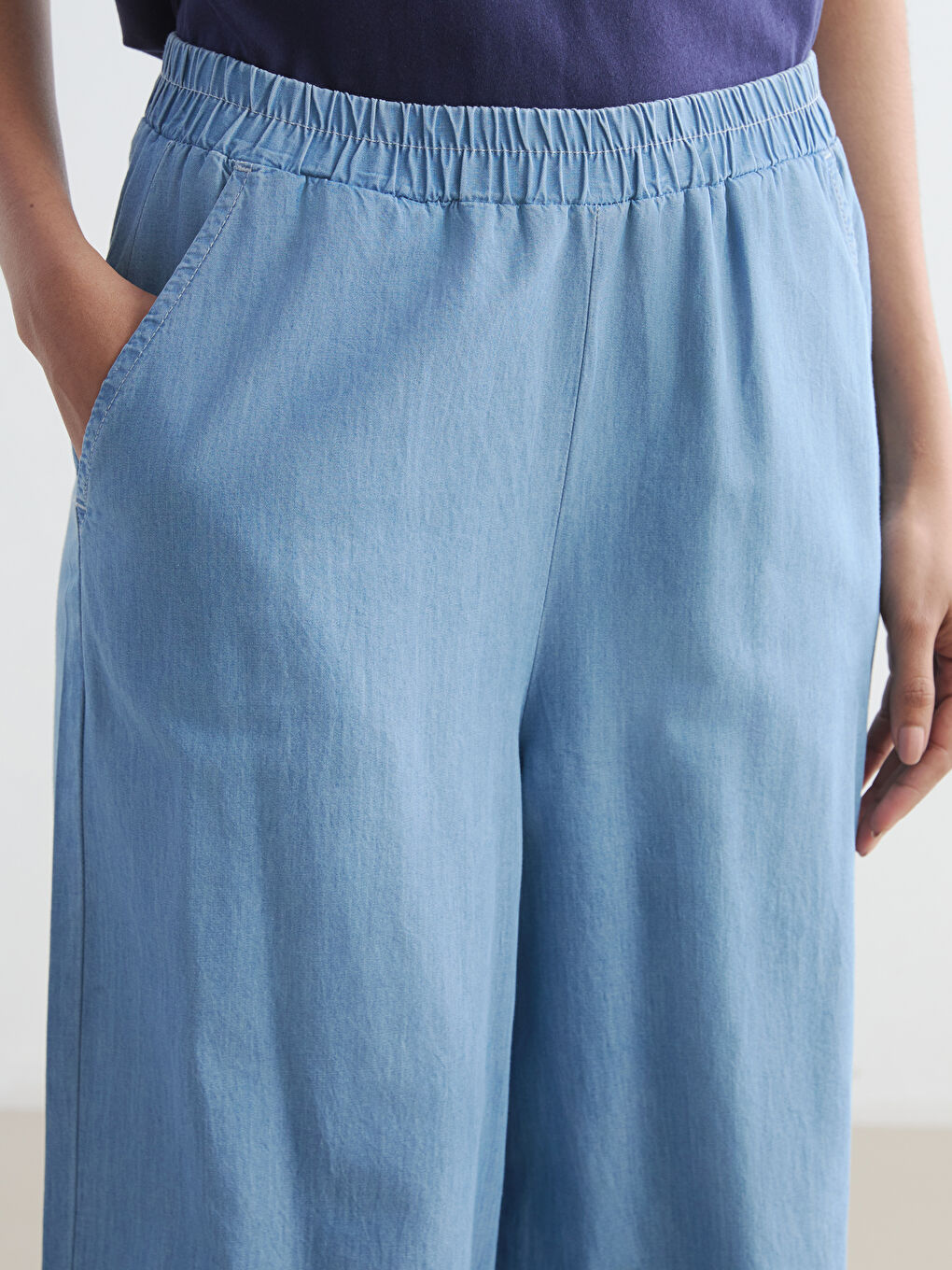 İndigo Beli Lastikli Wideleg Kadın Jean Pantolon-2