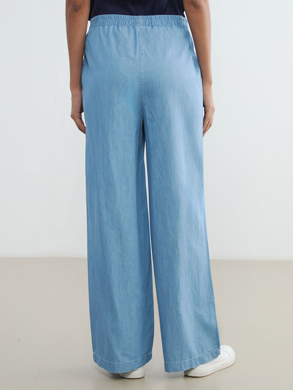 İndigo Beli Lastikli Wideleg Kadın Jean Pantolon-3