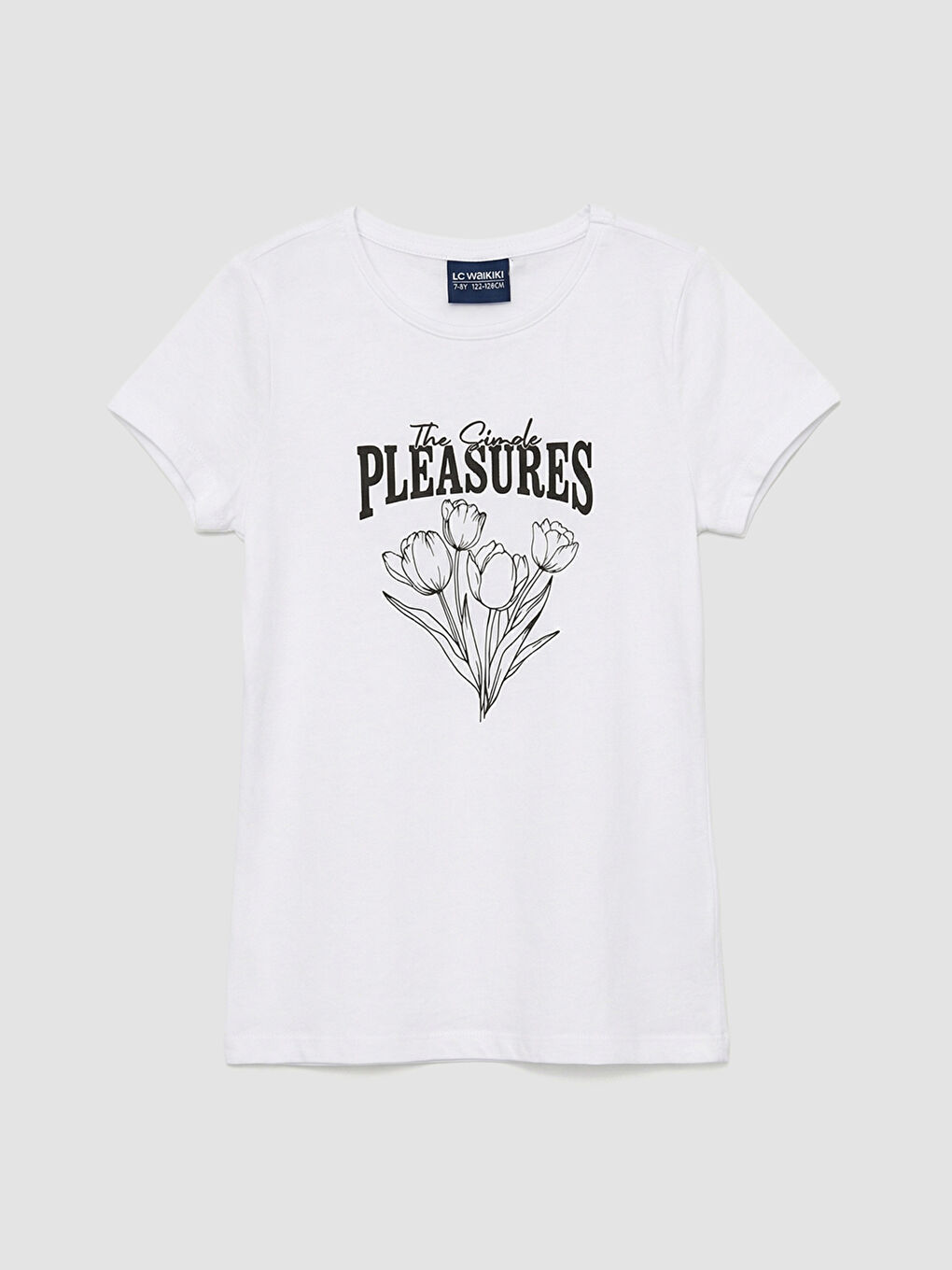 Beyaz Bisiklet Yaka Baskılı Kız Çocuk Tişört