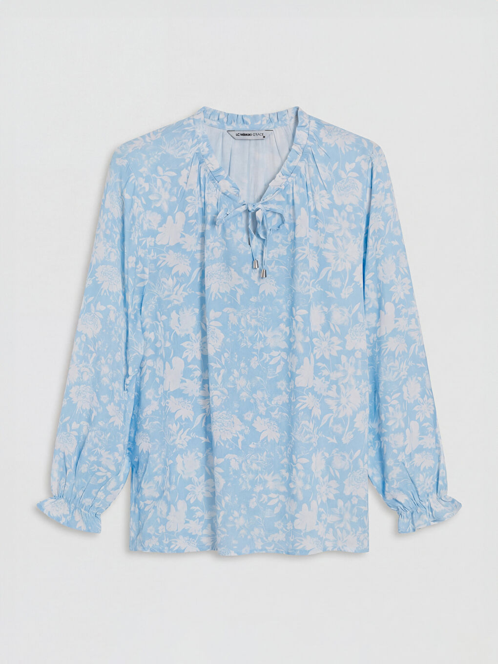 Mavi Bağlamalı Yaka Çiçekli Bluz