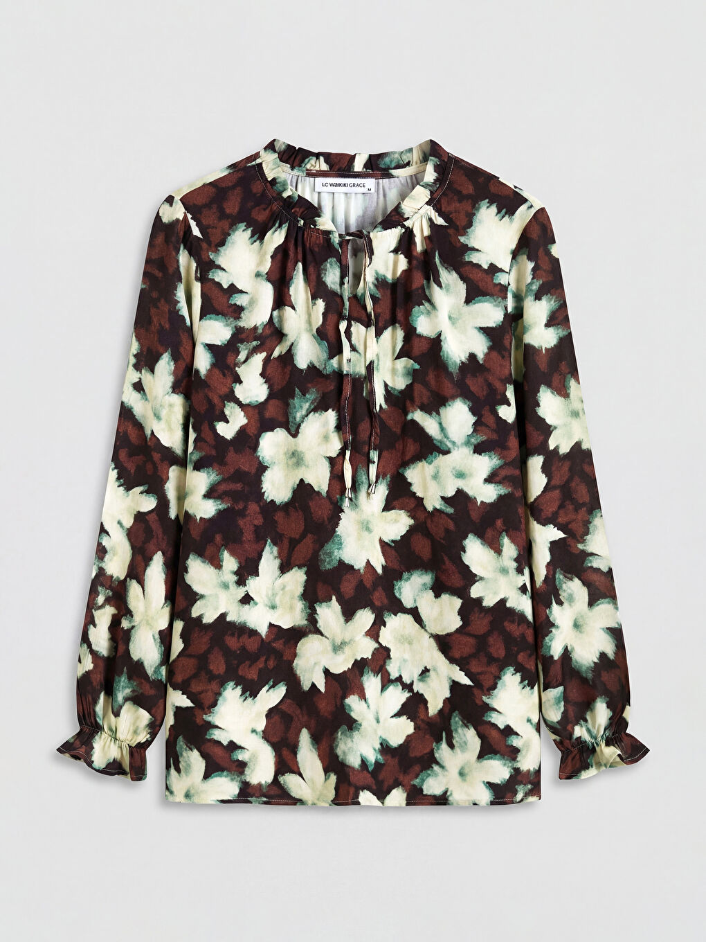 Kahverengi Bağlamalı Yaka Çiçekli Bluz