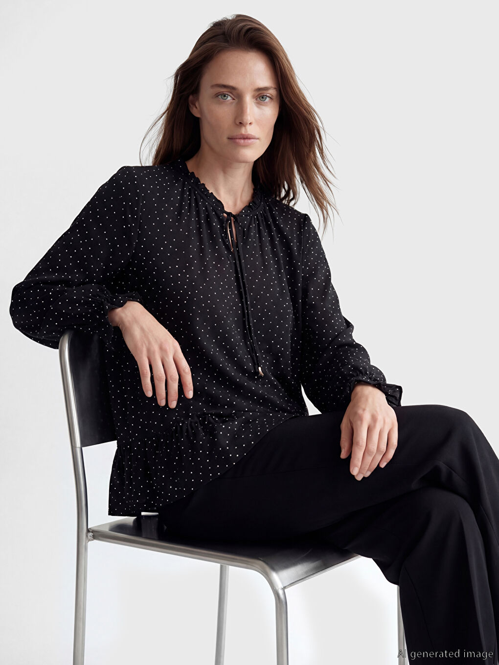 Siyah Bağlamalı Yaka Puantiyeli Bluz