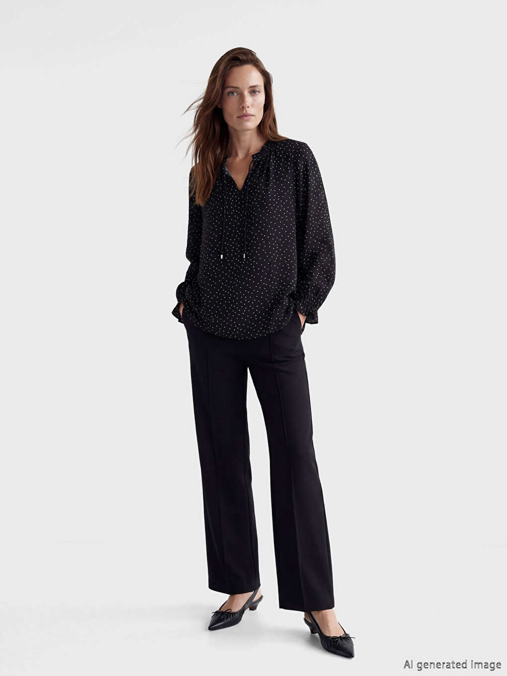 Siyah Bağlamalı Yaka Puantiyeli Bluz-1