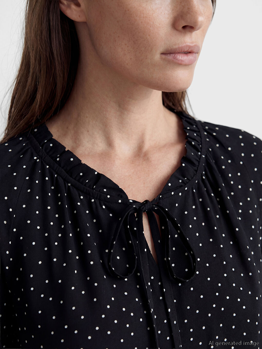 Siyah Bağlamalı Yaka Puantiyeli Bluz-2