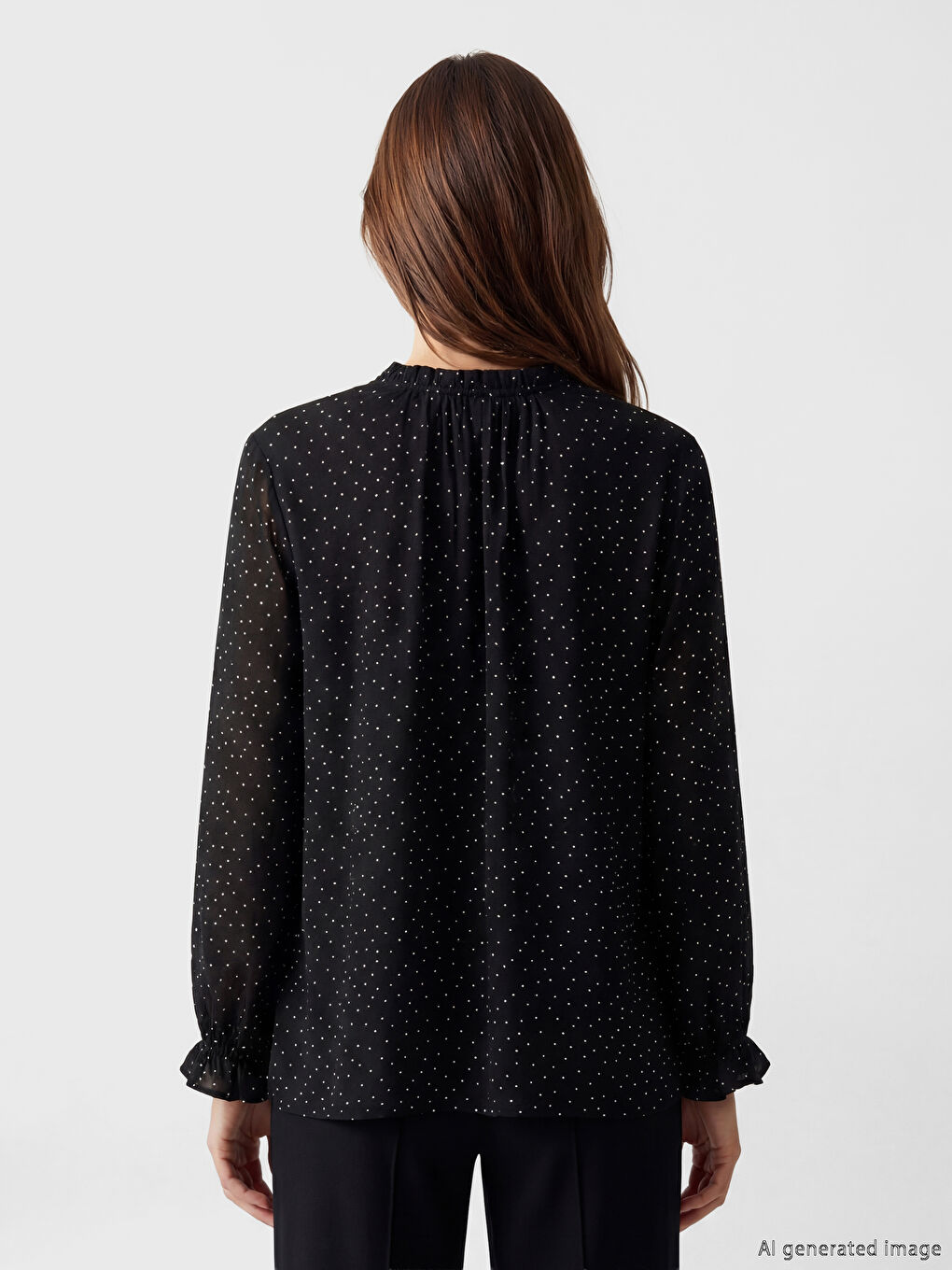 Siyah Bağlamalı Yaka Puantiyeli Bluz-3