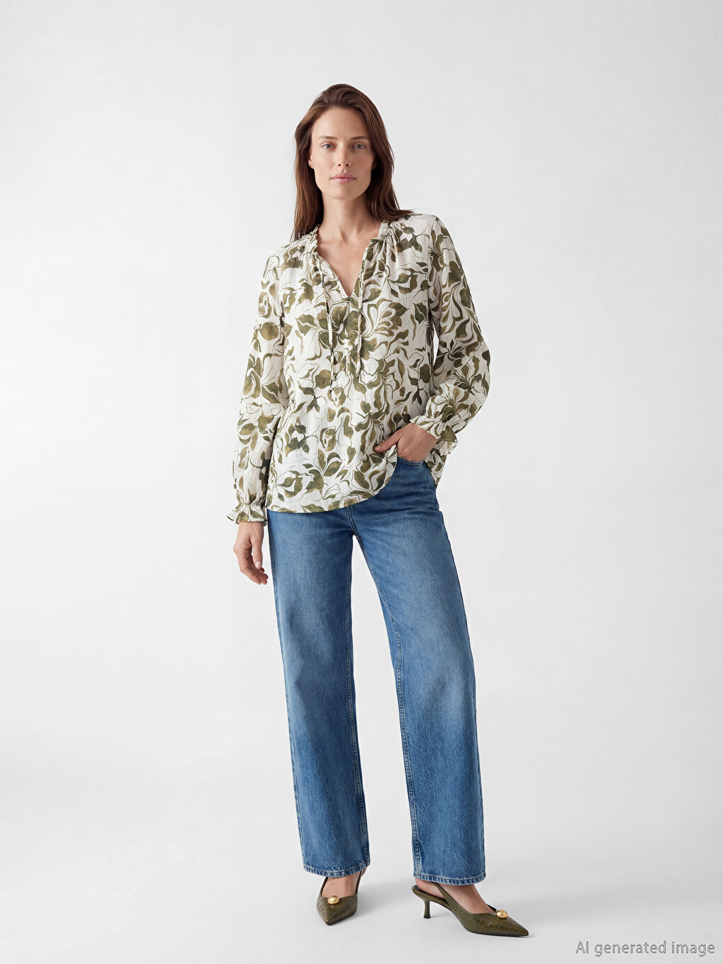 Ekru Bağlamalı Yaka Çiçekli Bluz-1