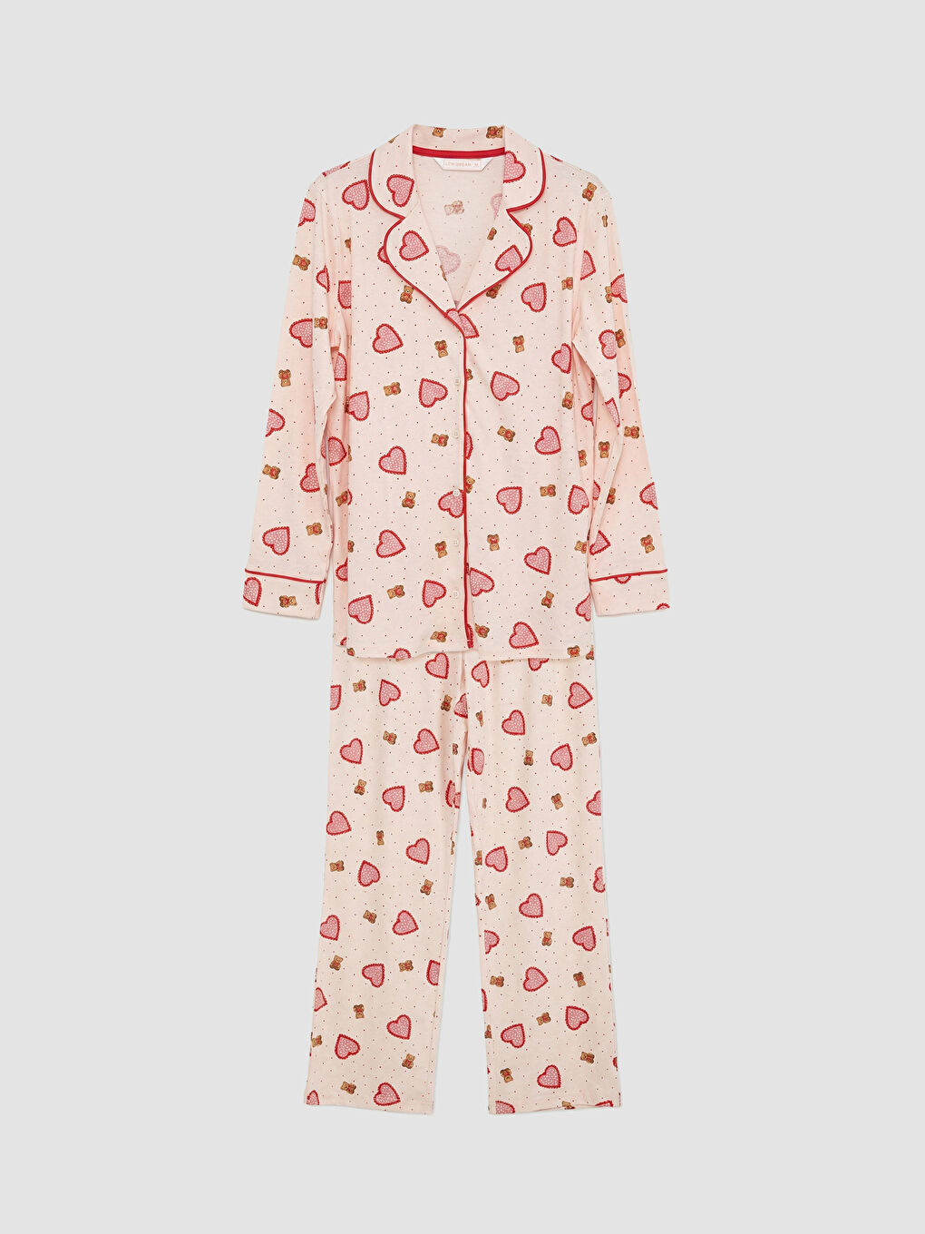 Pembe Gömlek Yaka Desenli Kadın Pijama Takım