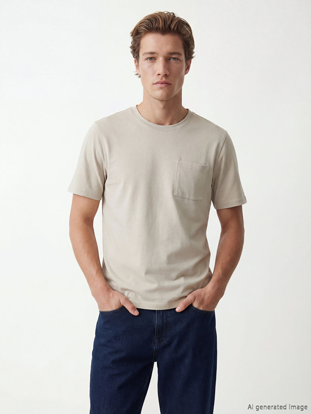 Bej Bisiklet Yaka Erkek Tişört