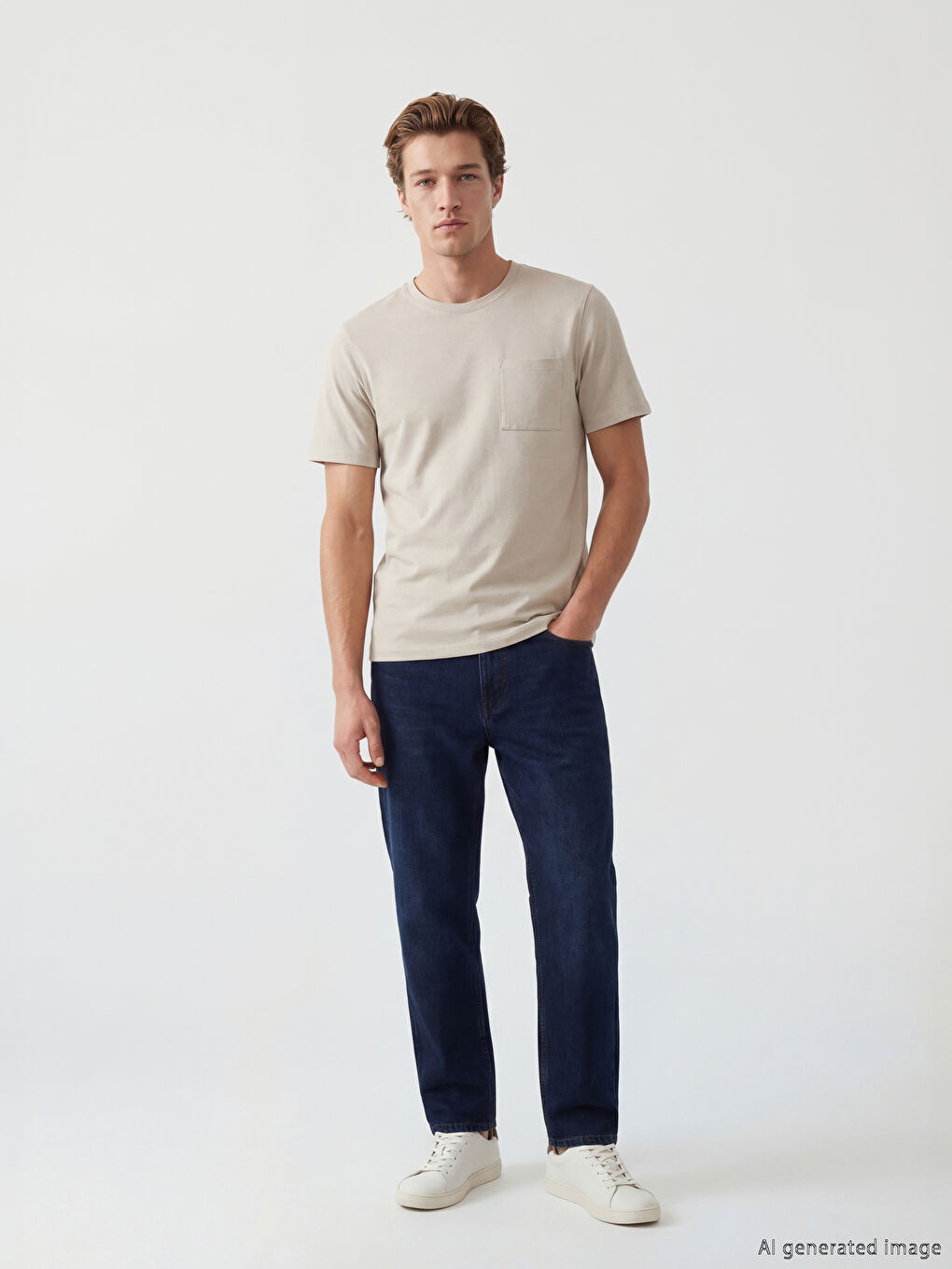 Bej Bisiklet Yaka Erkek Tişört-1