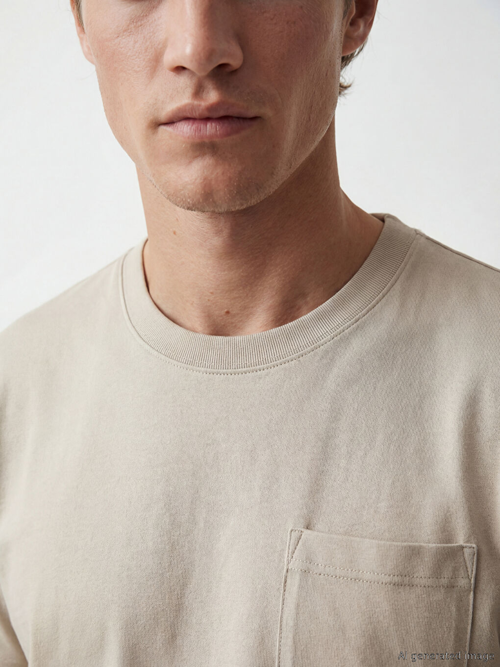 Bej Bisiklet Yaka Erkek Tişört-2