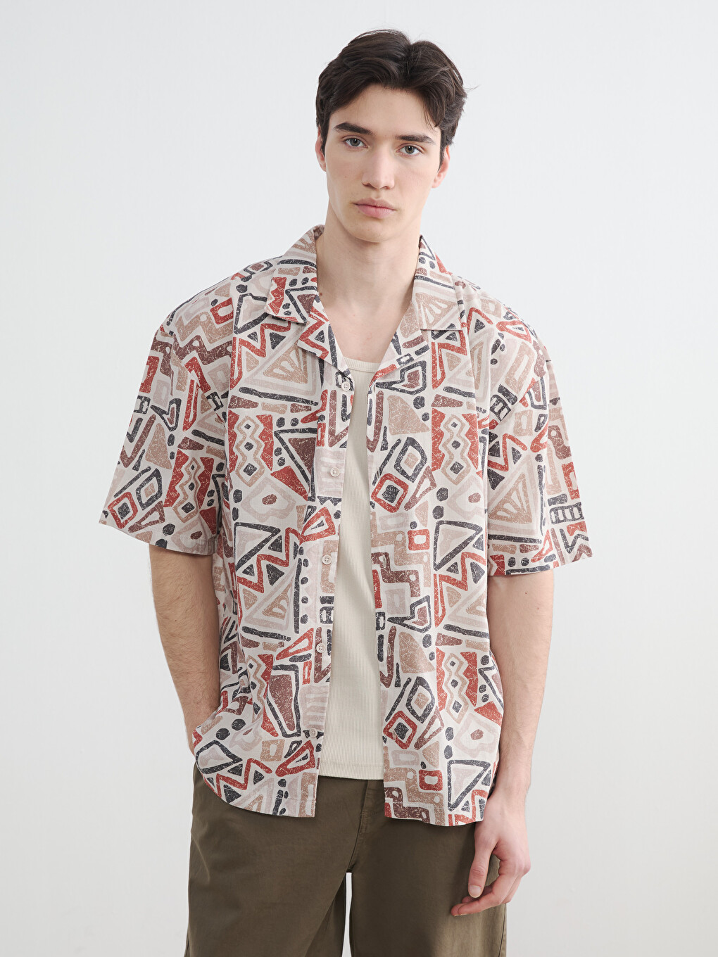 Kahverengi Loose Fit Desenli Poplin Erkek Gömlek