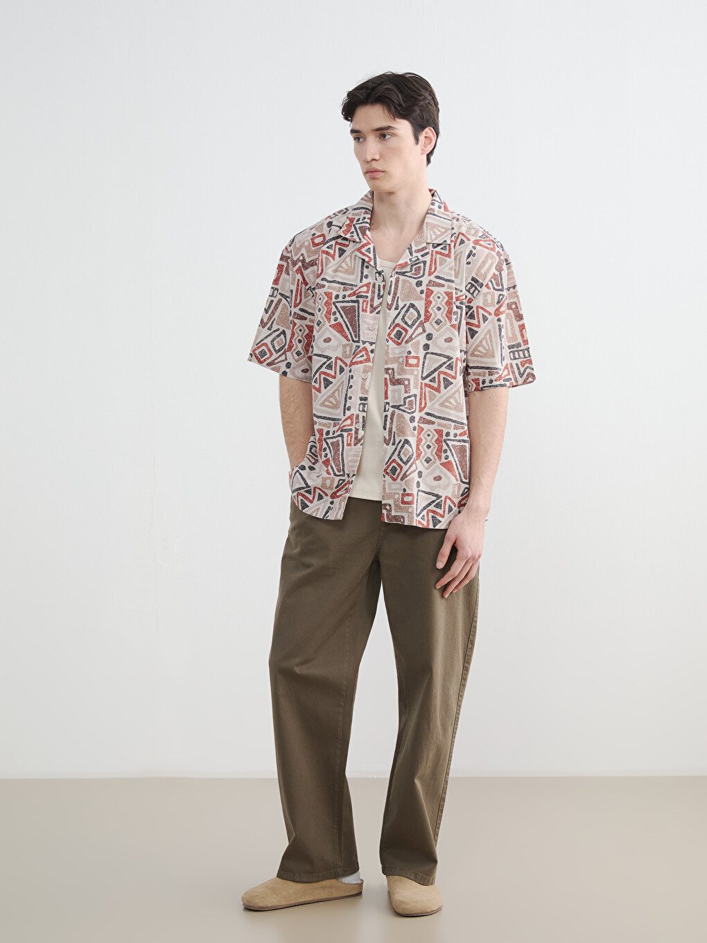 Kahverengi Loose Fit Desenli Poplin Erkek Gömlek-1