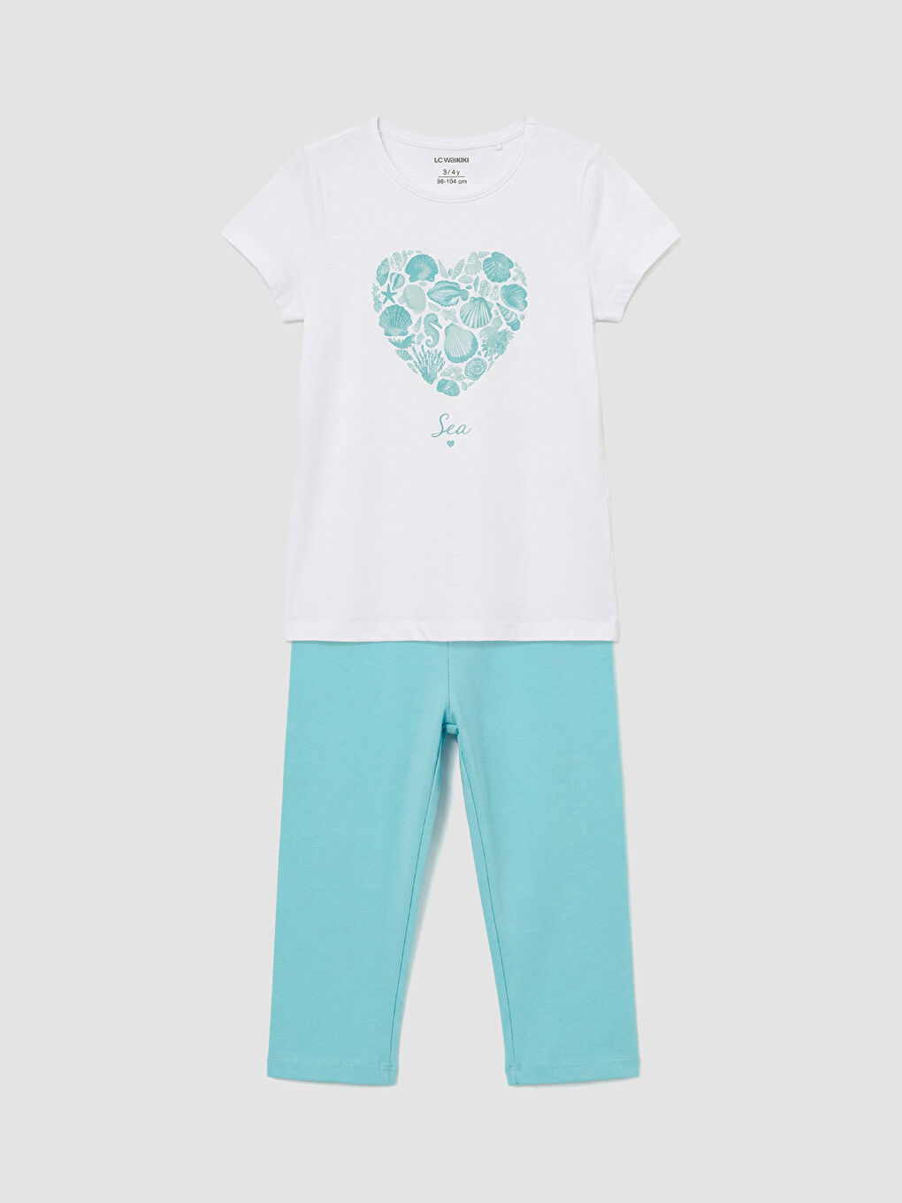 Turkuaz Bisiklet Yaka Baskılı Kız Çocuk Tişört ve Tayt