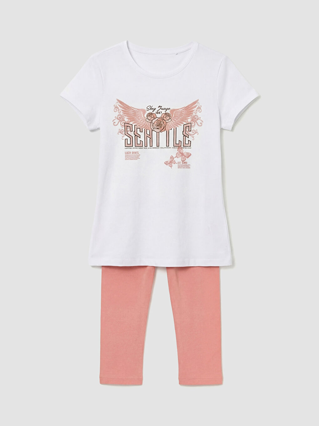 Pembe Bisiklet Yaka Baskılı Kız Çocuk Tişört ve Tayt