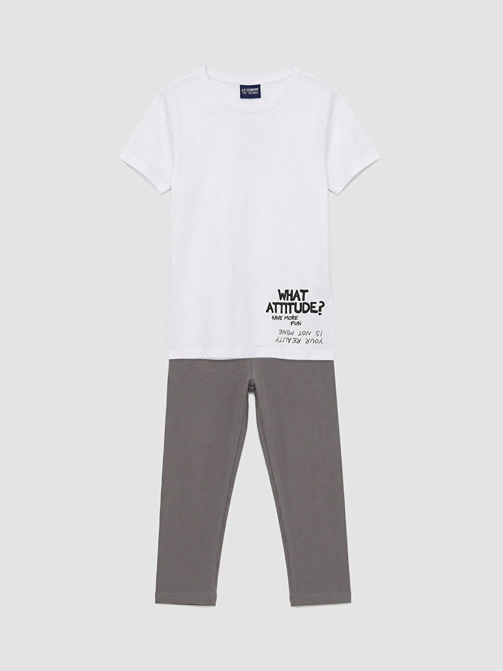 Gri Bisiklet Yaka Baskılı Kız Çocuk Tişört ve Tayt